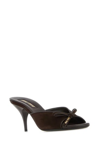 Miu Miu Lamb Leather Slippers Bow Open Toe Stiletto In Black
