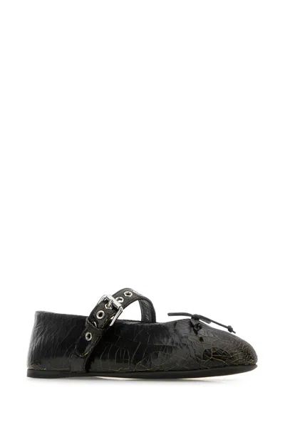 Miu Miu Leather Ballerinas With Bow Detail And Textured Finish In Black