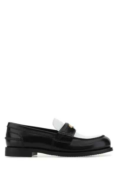 Miu Miu Two-tone Brushed Leather Penny Loafers In Black