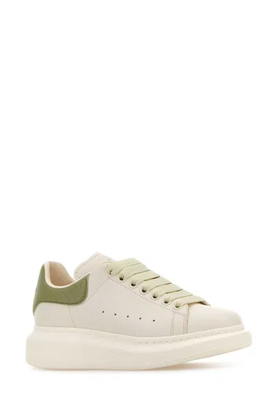Alexander Mcqueen White Leather Sneakers With Sage Green Leather Heel In Neutral