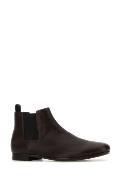Prada Leather Ankle Boots Almond Toe Pull Tab In Brown