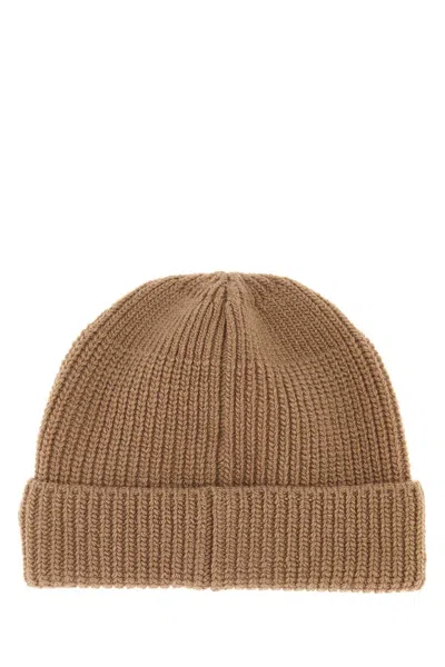 Prada Camel Wool Blend Beanie Hat In Brown