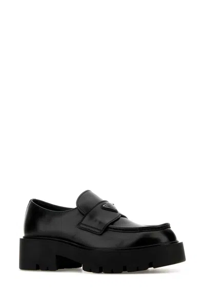 Prada Black Leather Loafers In Black