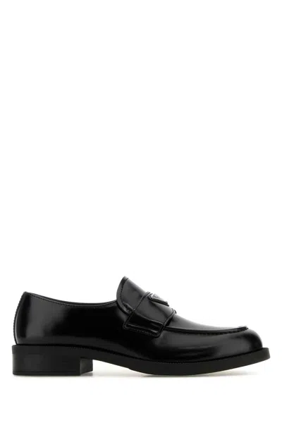 Prada Chocolate Brushed Leather Loafers Shoes In Black