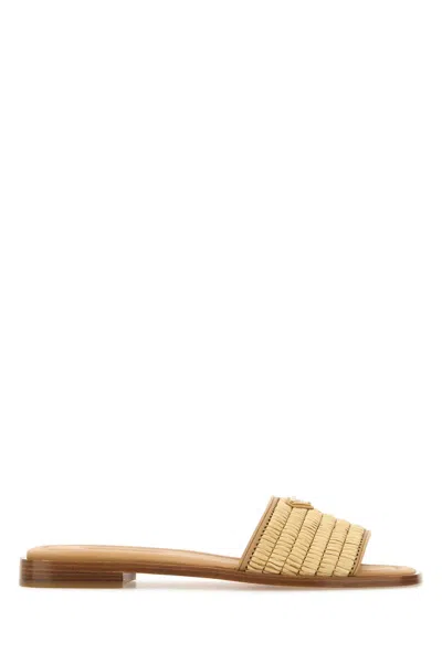 Prada Beige Raffia And Leather Slippers In Neutral