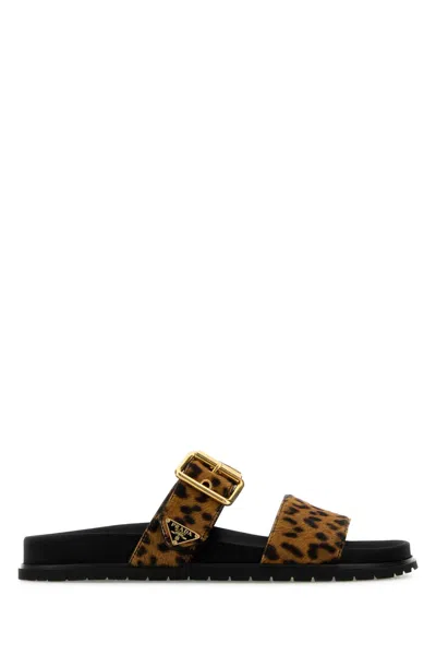Prada Printed Calf Hair Slippers In Brown