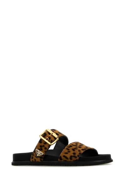 Prada Printed Calf Hair Slippers In Brown