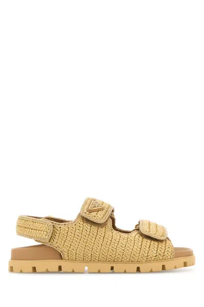 Prada Logo-plaque Woven Sandals In Neutral