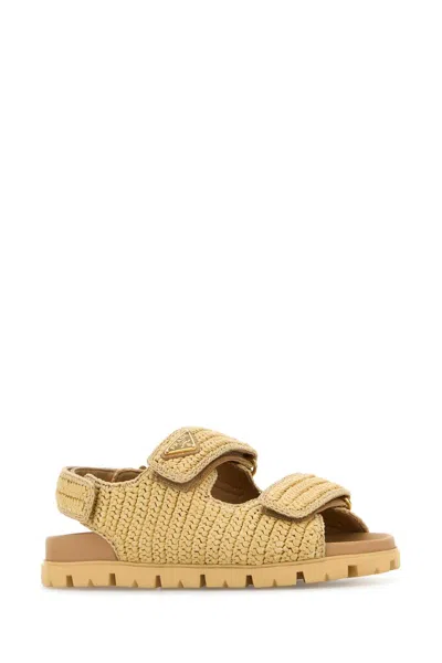 Prada Logo-plaque Woven Sandals In Neutral