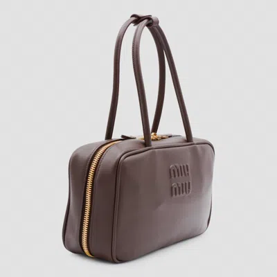 Miu Miu Dark Brown Leather Top Handle Bag In Brown