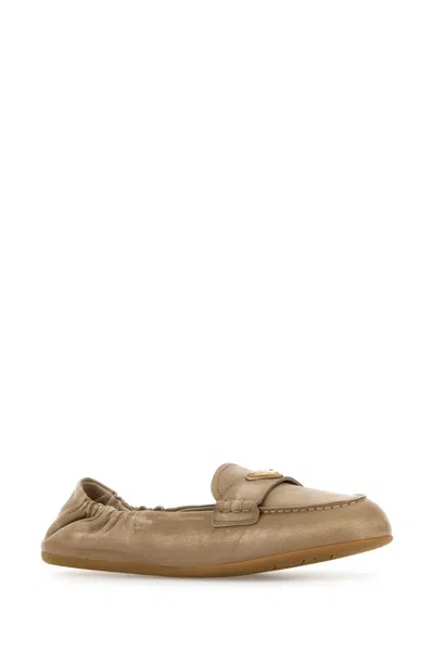 Prada Triangle Logo Suede Loafers In Beige O Tan