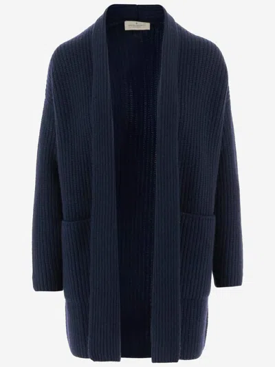 Bruno Manetti Cashmere Cardigan With Ribbed Knit In Blue