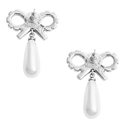 Self-portrait Crystal Bow Pearl Earrings In Brown