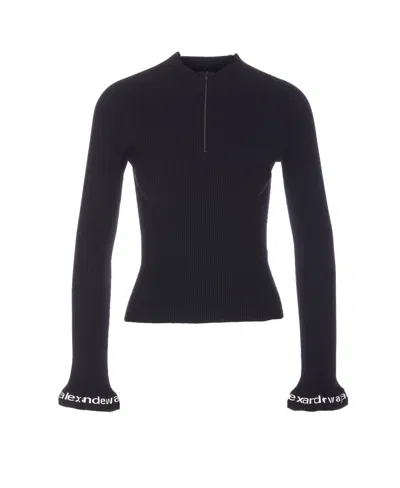 Alexander Wang Zip Up Logo Sweater In Black