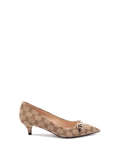 Gucci Women Beige And Dark Brown Gg Canvas Pumps With Horsebit In Multi
