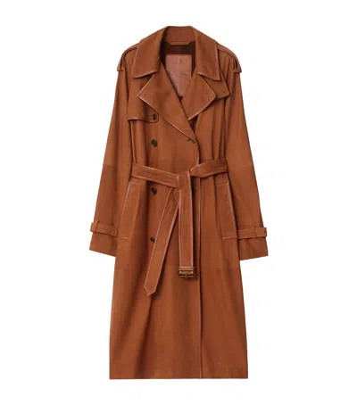 Burberry Long Nubuck Leather Castleford Trench Coat In Brown