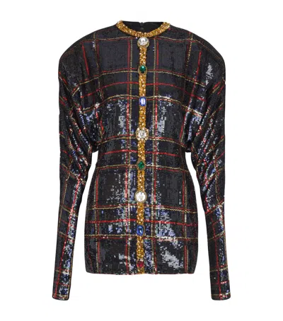 Balmain Embellished Check Dress In Black