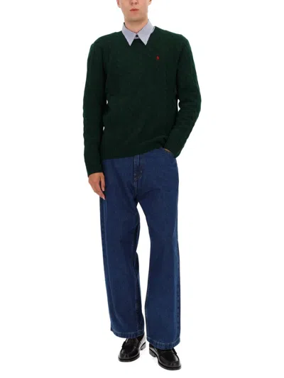 Polo Ralph Lauren Green Cable Knit Crewneck Sweater With Pony Embroidery On The Front In Wool And Cashmere Man