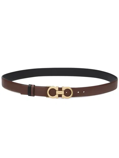 Ferragamo Double Gancini Buckle Belt In Brown