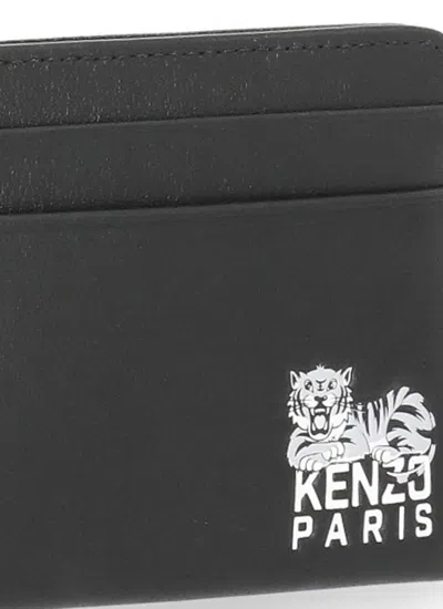 Kenzo Tiger-logo Leather Cardholder In Black