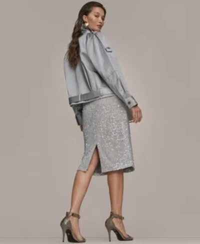 Donna Karan Womens Long Sleeve Belted Jacket Short Sleeve Mock Neck Sweater Sequin Detail Midi Skirt In Gray