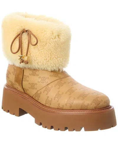 Celine Bulky Cropped Triomphe Leather & Shearling Boot In Brown