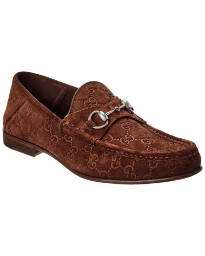 Gucci Men Suede Loafers With All-over Gg Motif In Brown