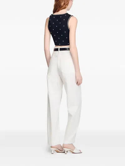 Sandro Womens Black Rhinestone-embellished Cropped Knitted Top