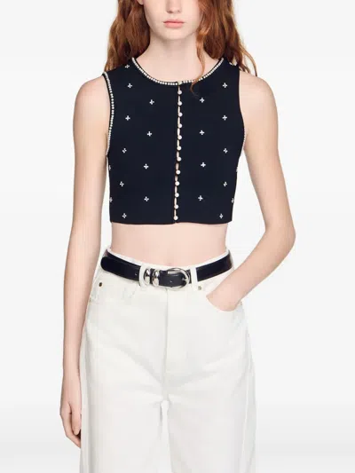 Sandro Womens Black Rhinestone-embellished Cropped Knitted Top