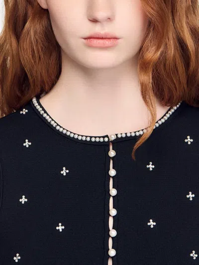 Sandro Womens Black Rhinestone-embellished Cropped Knitted Top