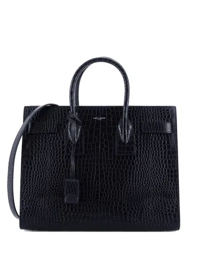 Pre-owned Saint Laurent Sac De Jour Nm Bag Crocodile Embossed Patent Small Tote Bag In Black