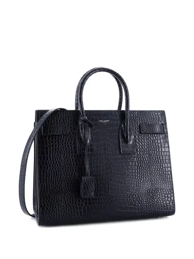 Pre-owned Saint Laurent Sac De Jour Nm Bag Crocodile Embossed Patent Small Tote Bag In Black