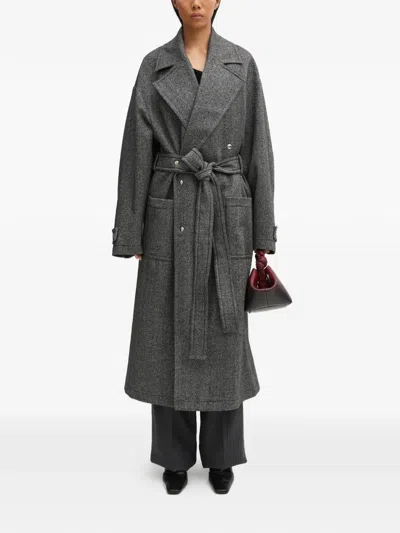 Fiorucci Belted Herringbone Coat In Gray