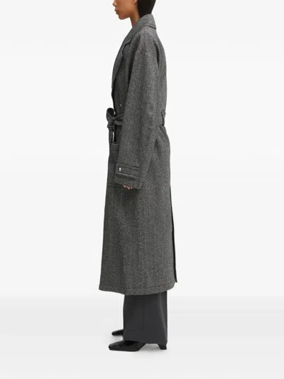 Fiorucci Belted Herringbone Coat In Gray