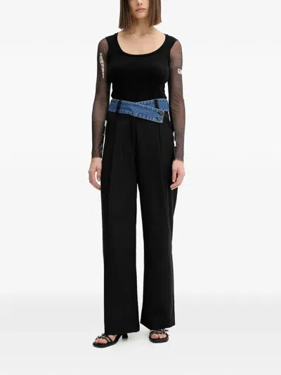 Desigual Pleated Denim Panel Trousers In Black