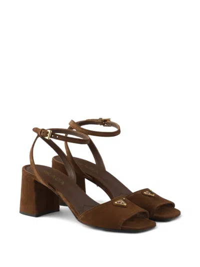 Prada Logo-plaque Suede Sandals In Brown