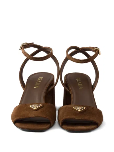 Prada Logo-plaque Suede Sandals In Brown