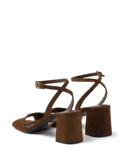 Prada Logo-plaque Suede Sandals In Brown