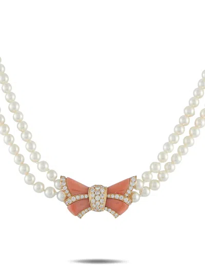 Pre-owned Van Cleef & Arpels Diamond Coral And Pearl Bow-pendant Necklace In Gold