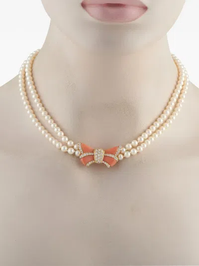 Pre-owned Van Cleef & Arpels Diamond Coral And Pearl Bow-pendant Necklace In Gold