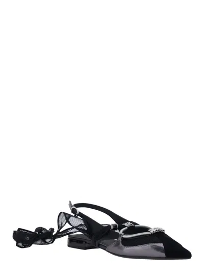 Pinko Gianira Black Ballerinas With Pointed Toe And Decorative Ankle Band In Leather And Fabric Blend Woma In Black