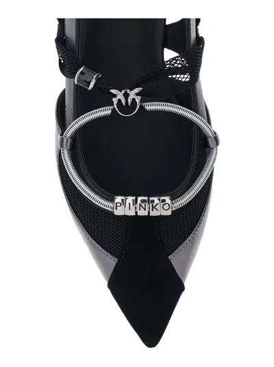 Pinko Gianira Black Ballerinas With Pointed Toe And Decorative Ankle Band In Leather And Fabric Blend Woma In Black