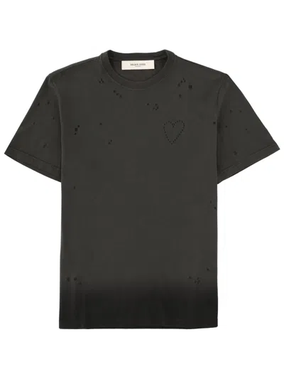 Golden Goose Vintage-effect Anthracite T-shirt With Perforated Heart Men In Black