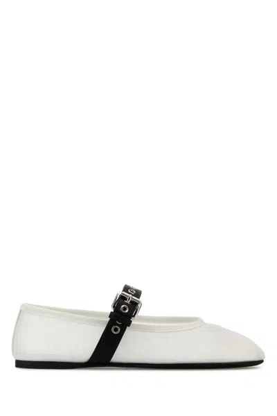 Miu Miu Mesh Ballerinas With Contrasting Leather Buckle In White