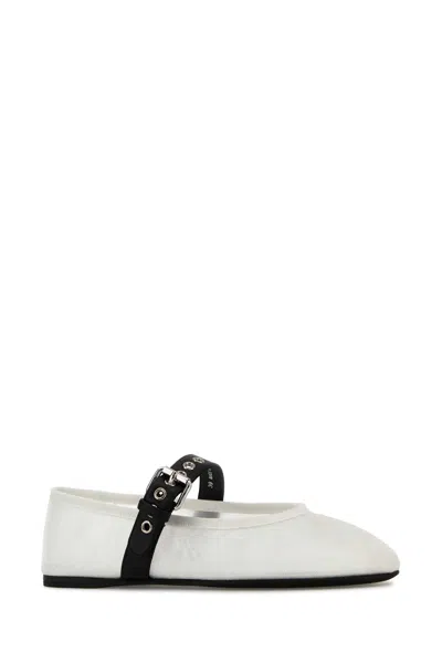 Miu Miu Mesh Ballerinas With Contrasting Leather Buckle In White