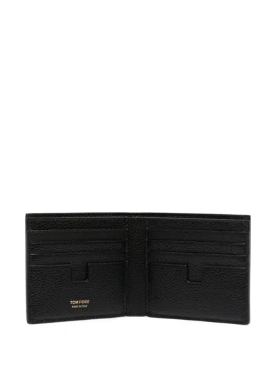 Tom Ford Men Black Bi-fold Wallet With Gold-colored Embossed Logo In Grainy Leather Man