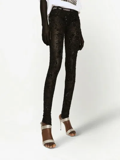 Dolce & Gabbana Sequin Floral Skinny Leggings Mid Rise Stretch In Black