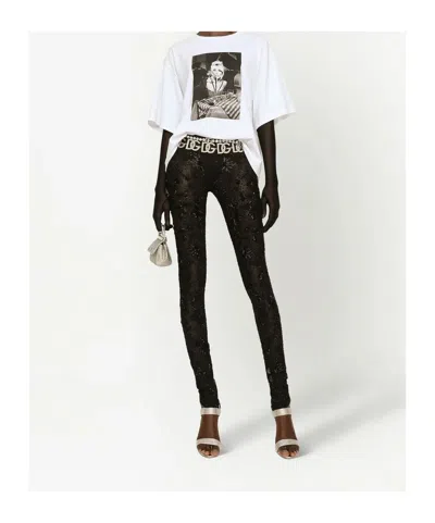 Dolce & Gabbana Sequin Floral Skinny Leggings Mid Rise Stretch In Black