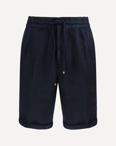 Brunello Cucinelli Garment Dyed Linen Gabardine Bermuda Shorts With Drawstring And Darts In Blue