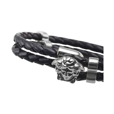 Versace La Medusa Double Braided Leather Bracelet In Black
